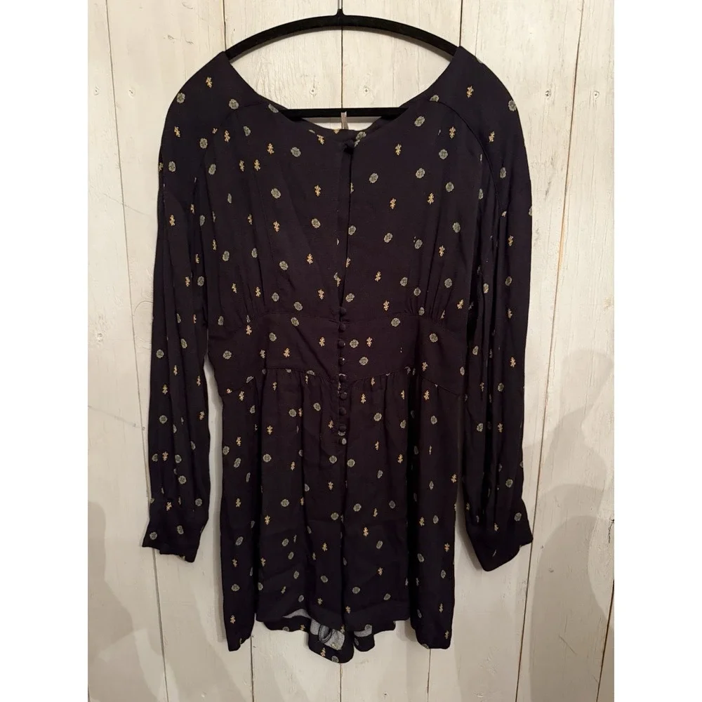 Free People Love Grows Romper Printed‎ Lg Black Keyhole Boho Jumpsuit